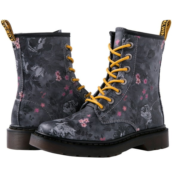 GLOBALWIN Women's Lace-up Ankle Bootie Military Combat Boots Grey Floral Print Size 7.5M