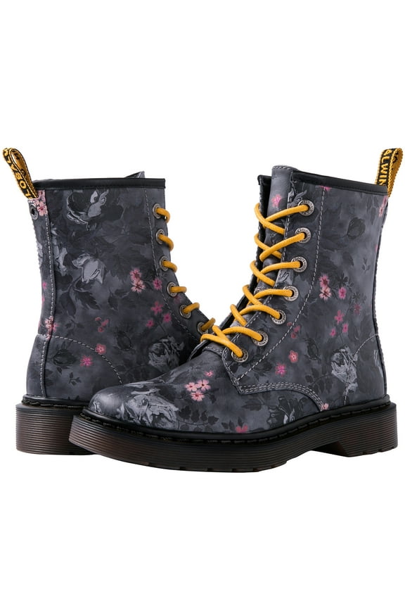 GLOBALWIN Women's Lace-up Ankle Bootie Military Combat Boots Grey Floral Print Size 7M