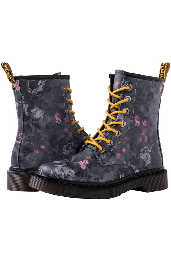 GLOBALWIN Women's Lace-up Ankle Bootie Military Combat Boots Grey Floral Print Size 8.5M