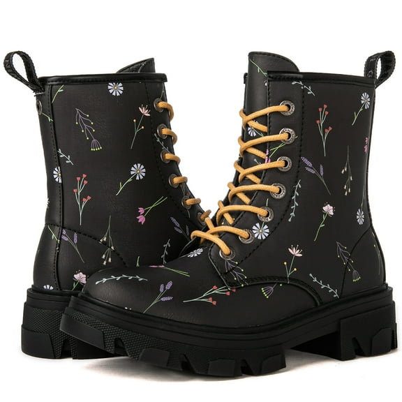GLOBALWIN Women's Lace-up Black Floral Print Ankle Bootie Military Combat Boots Size 9M
