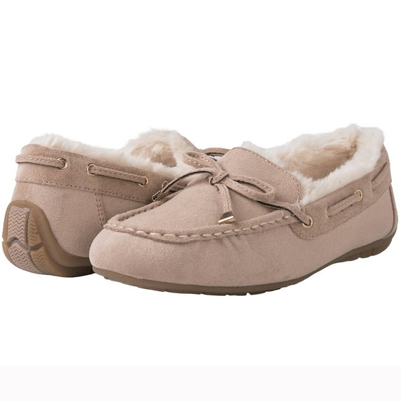 GLOBALWIN Women's Moccasins Shoes Winter Indoor Outdoor Faux Fur Lined Slippers Khaki 7.5M
