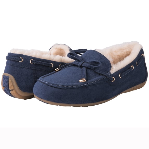 GLOBALWIN Women's Moccasins Shoes Winter Indoor Outdoor Faux Fur Lined Slippers Navy 5.5M