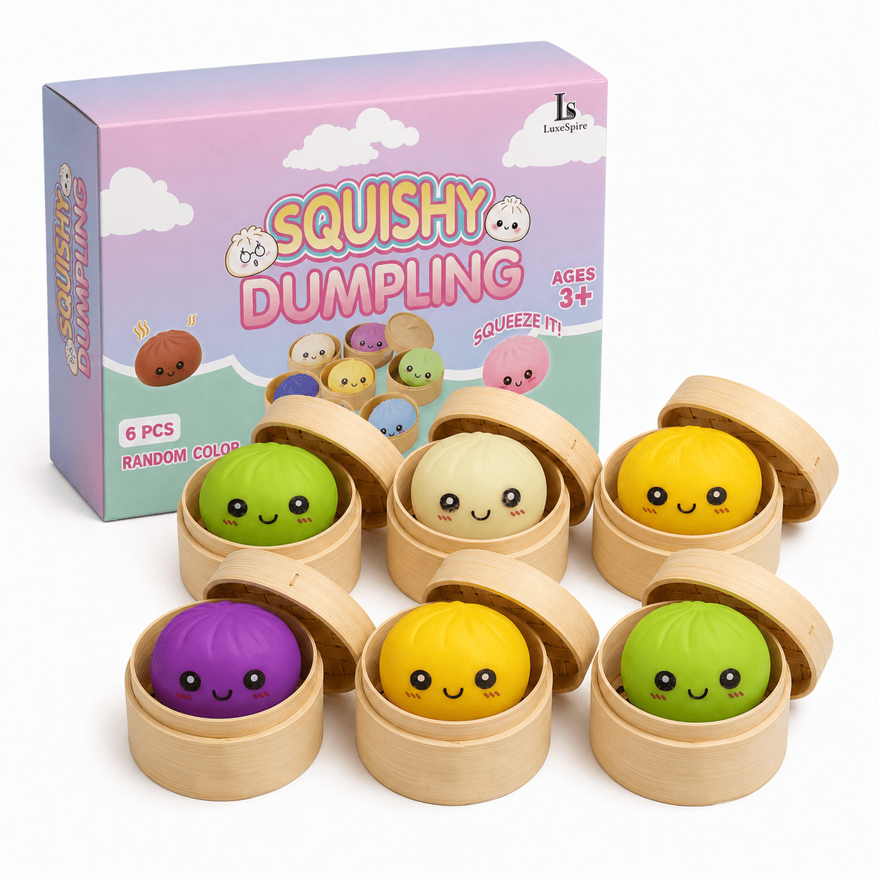 GLOBEHOME Dumpling Squishy Toys, 6 PCS Colorful Dumplings Squeeze Stress Balls for Adults in 4 Assorted Colors, Soft Sensory Fidget Toys for Girls and Boys as Holiday Birthday Gifts
