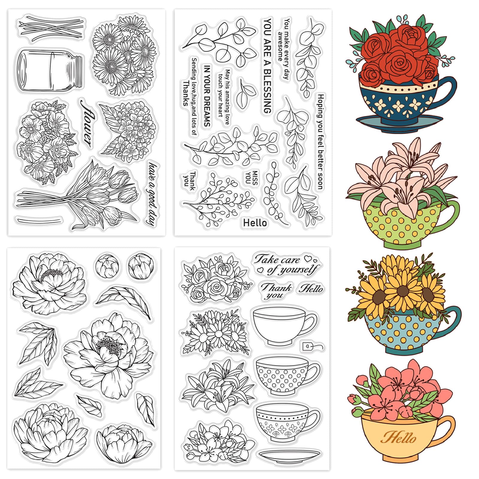 GLOBLELAND 4Pcs Plants Clear Stamps for DIY Scrapbooking Peony Flower ...