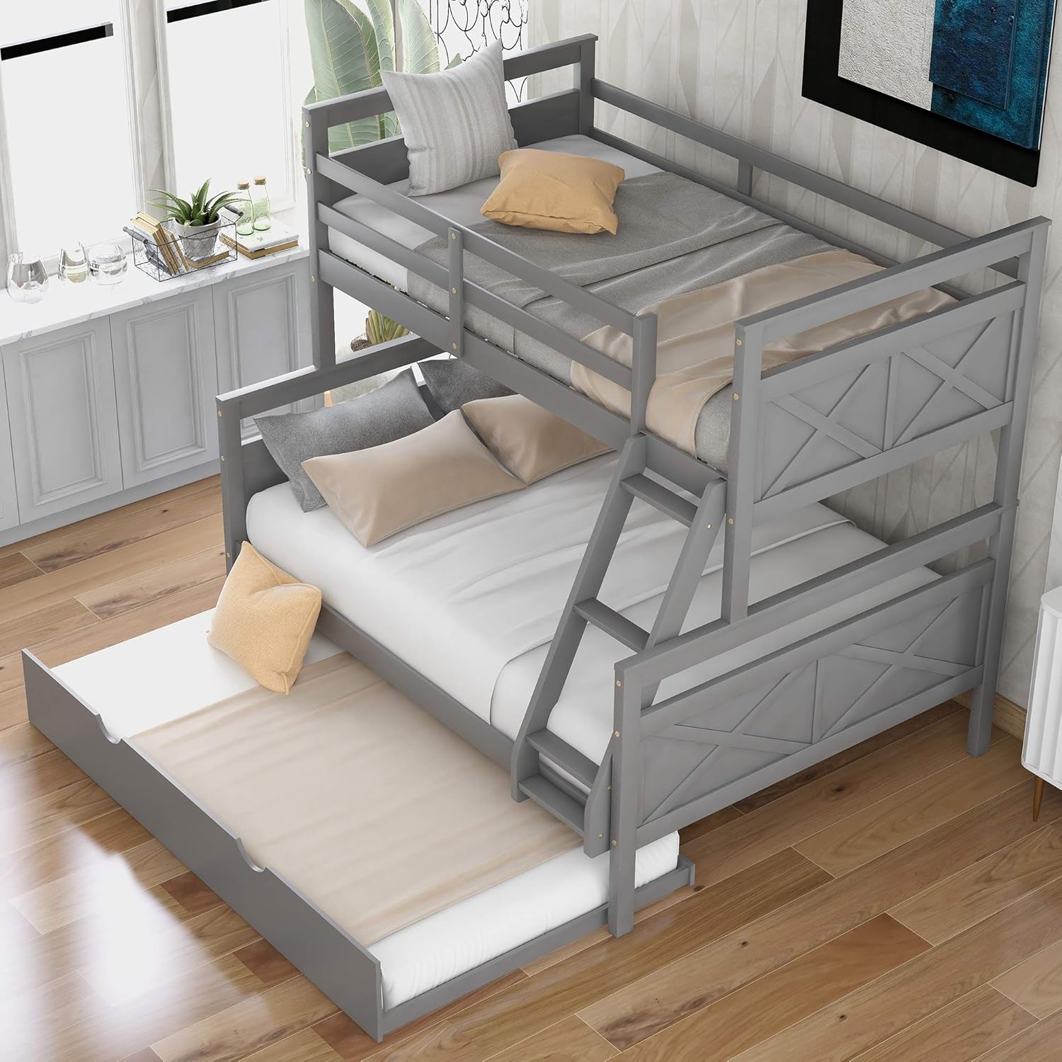 GLORHOME Trundle Bunk Bed, Twin Over Full Wood Bunk Bed with Twin Size ...
