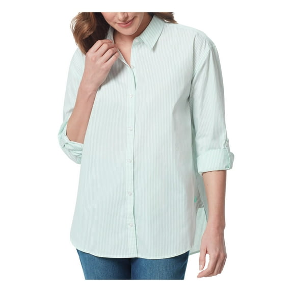 GLORIA VANDERBILT Womens Green Striped Roll-tab Sleeve Collared Wear To Work Button Up Top S