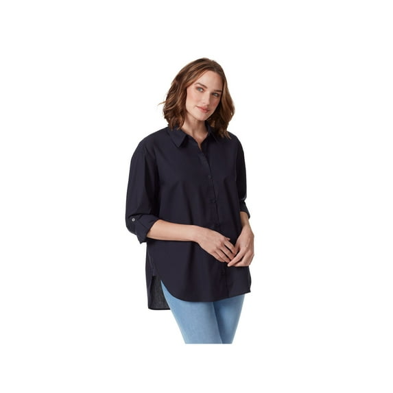 GLORIA VANDERBILT Womens Navy Roll-tab Sleeve Collared Button Up Top M
