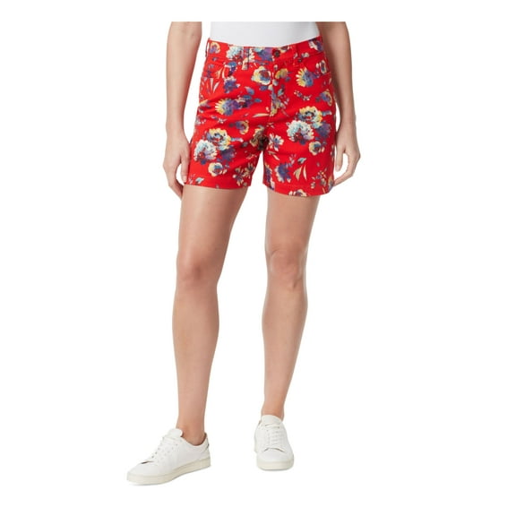 GLORIA VANDERBILT Womens Red Denim Zippered Pocketed Button Closure Vented Hem Floral Shorts Shorts 6