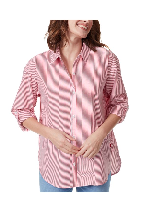 Womens Red Striped Roll-tab Sleeve Collared Button Up Top S