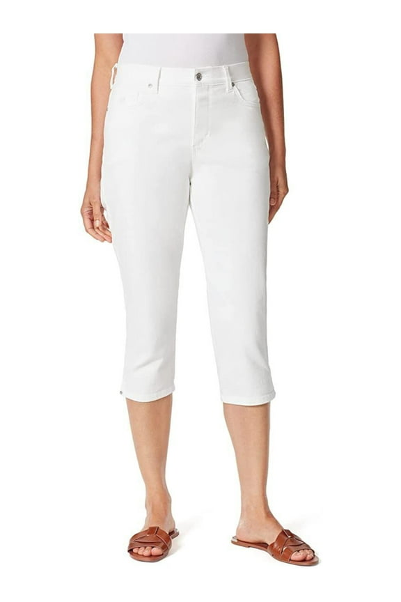 Womens White Denim Zippered Pocketed Slimming Split Hem Capri Jeans 14