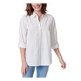 thumbnail image 1 of GLORIA VANDERBILT Womens White Printed Roll-tab Sleeve Collared Button Up Top L, 1 of 4