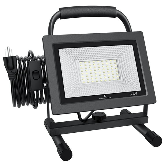 GLORIOUS-LITE 50W LED Work Light with 16ft Cord, IP66 Waterproof, 5000LM, 6500K, Adjustable Flood Lights for Workshop, Garage, Construction Site, Black