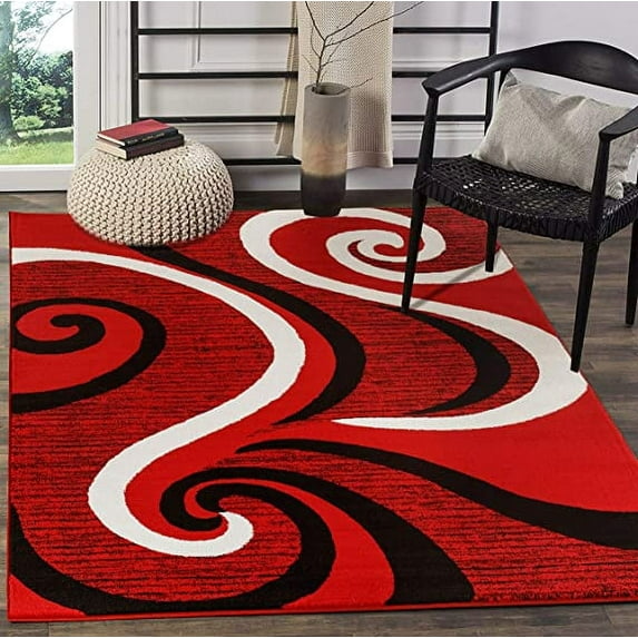 GLORY RUGS Area Rug 2x3 Red Black Door Mat Modern Swirls Carpet Bedroom Living Room Contemporary Dining Accent Sevilla Collection 4817
