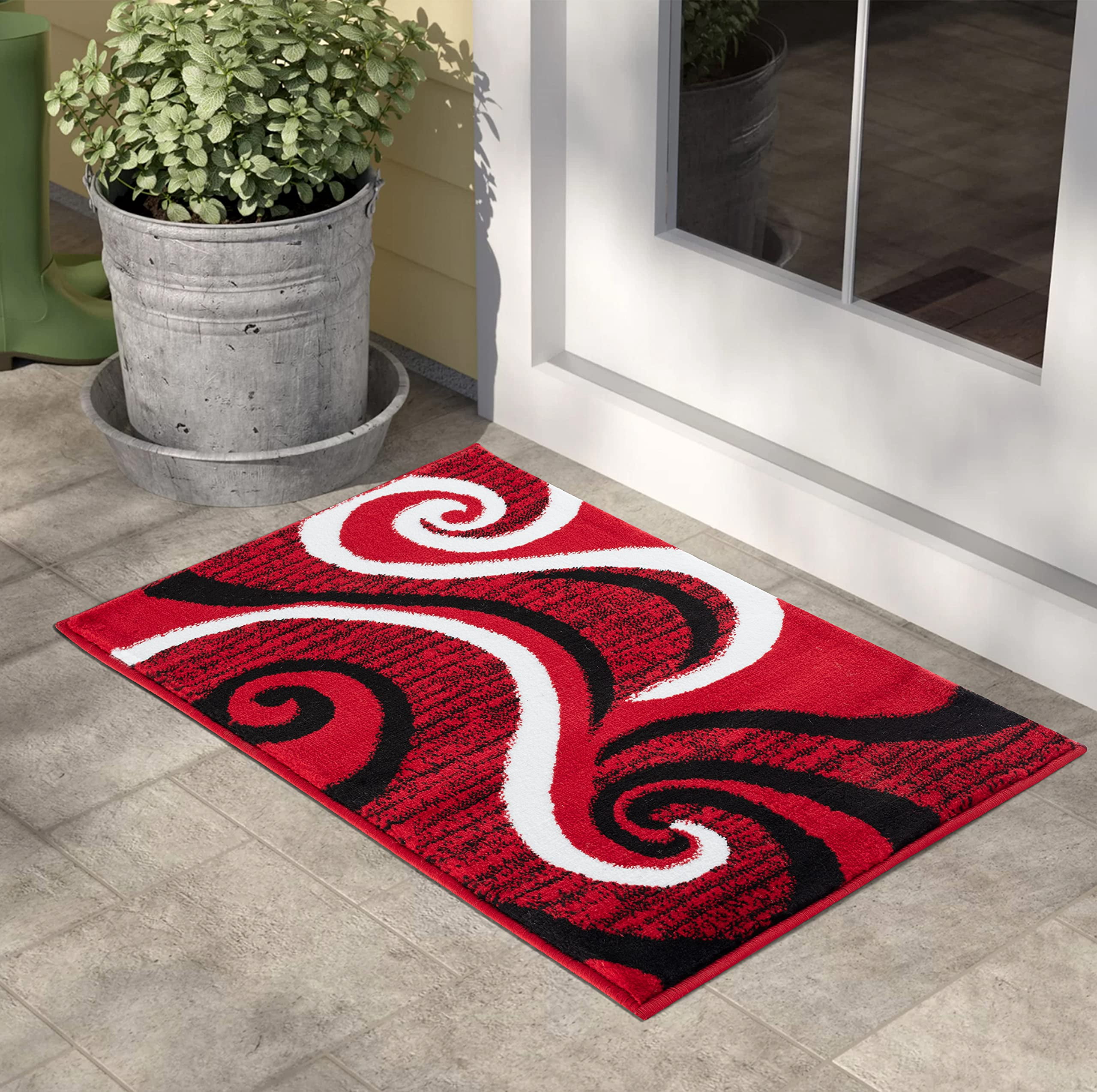 GLORY RUGS Area Rug 2x3 Red Black Door Mat Modern Swirls Carpet Bedroom ...