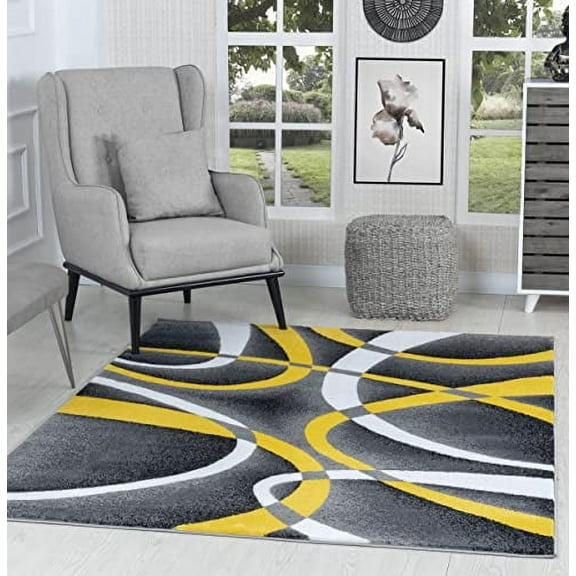 GLORY RUGS Area Rug 5x7 Yellow Door Mat Modern Swirls Carpet Bedroom Living Room Contemporary Dining Accent Sevilla Collection 4816
