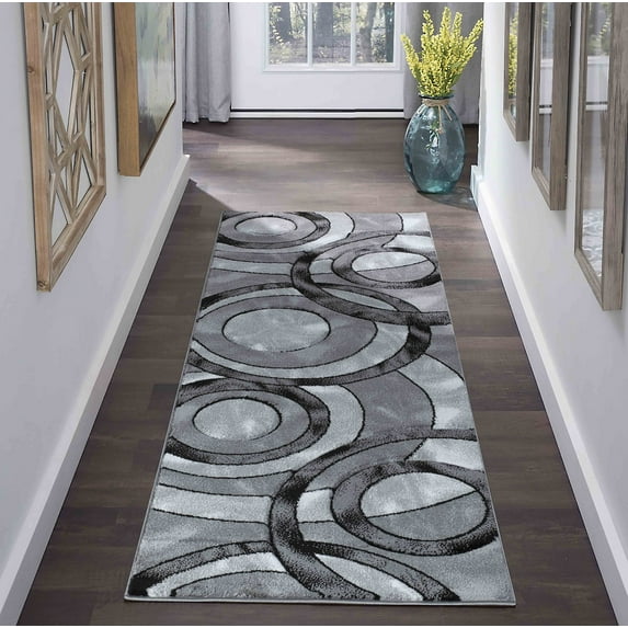 GLORY RUGS Area Rug Modern 2x7 Grey Black Circles Geometry Soft Hand Carved Contemporary Floor Carpet Fluffy Texture for Indoor Living Dining Room and Bedroom Area