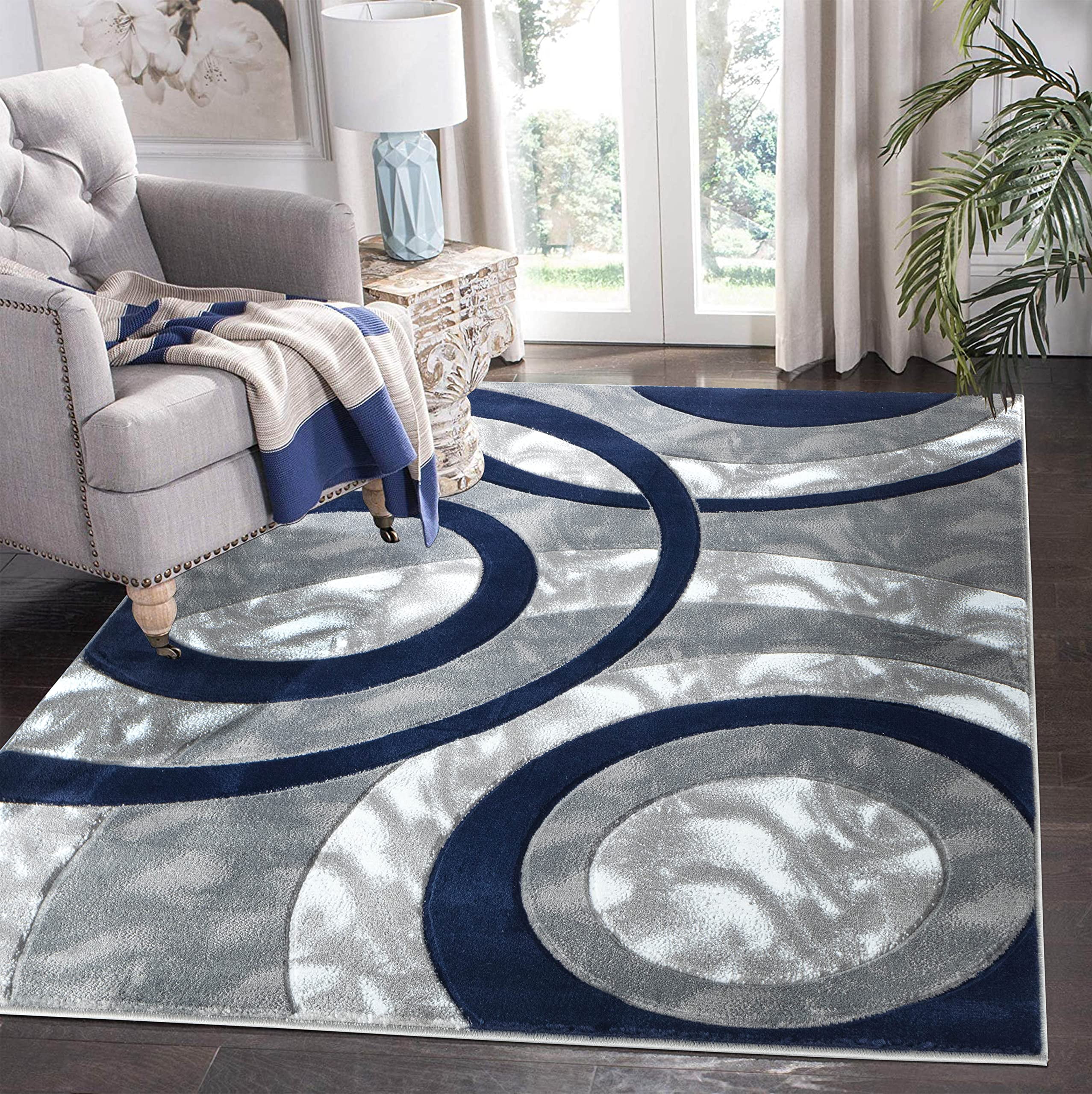 GLORY RUGS Area Rug 5x7 Navy Circles Geometry Soft Hand Carved Fluffy ...
