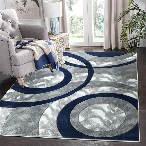 GLORY RUGS Area Rug Modern 5x7 Navy Circles Geometry Soft Hand Carved Contemporary Floor Carpet Fluffy Texture for Indoor Living Dining Room and Bedroom Area