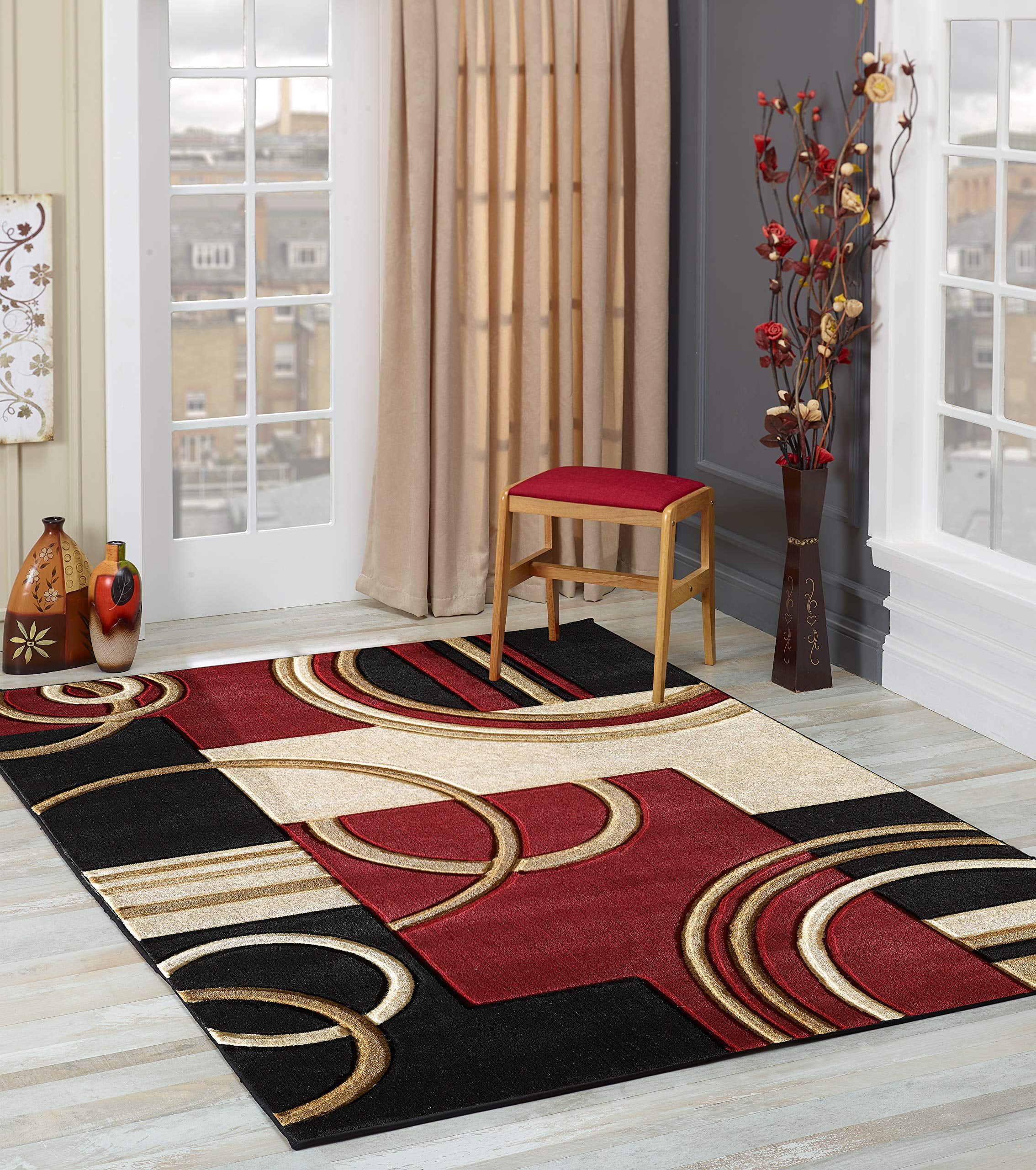 Modern Dark Red and Black Geometric 8' x 10' Area Rug