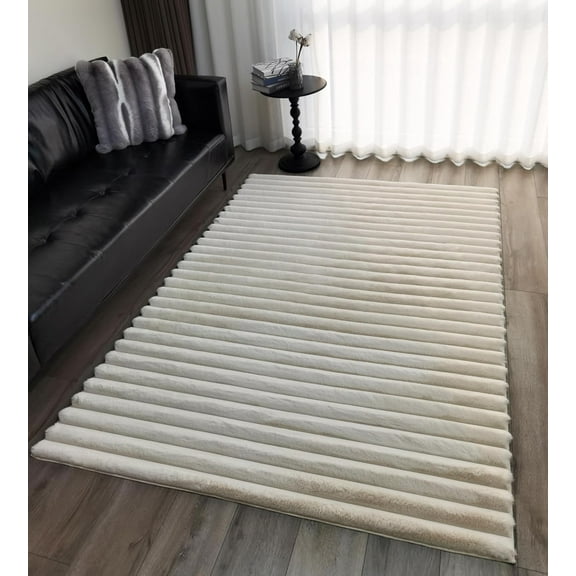 GLORY RUGS Area Rugs Striped Soft Faux Rabbit Fur Rug 5x7 Becky Beige Plush Carpet Shag Cozy Fluffy Rug Non Slip Rugs, Machine Washable Shaggy Area Rug Bedroom Living Room and Dining Room.