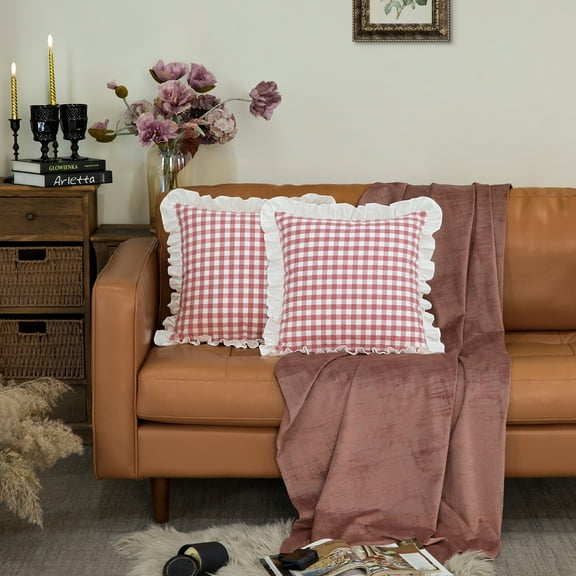 GLORY SEASON Plaid Throw Pillow Covers Set of 2 with Retro Ruffle Flounces Trim gingham cottage Pillow Cases 18x18In