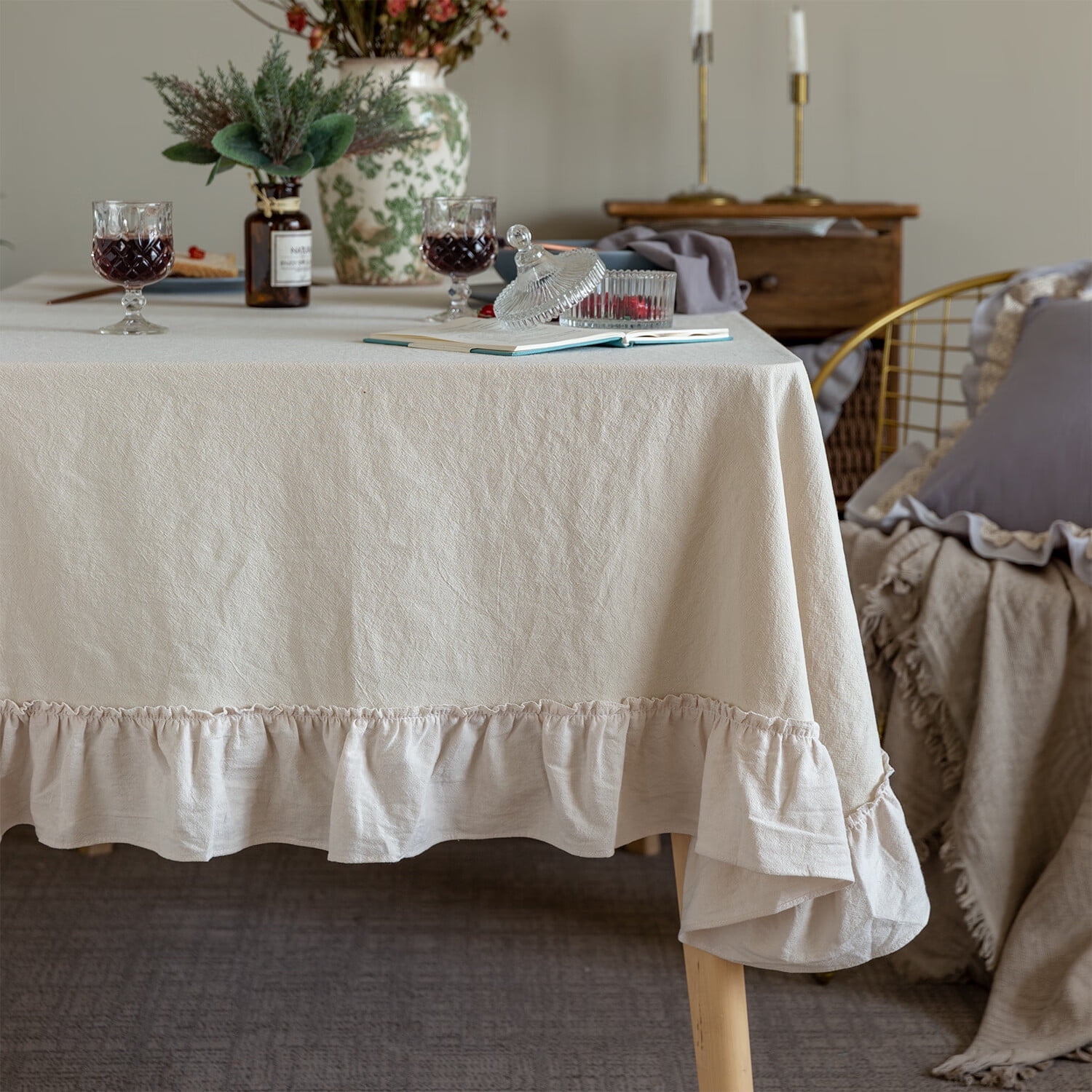 GLORY SEASON Retro Farmhouse Ruffle Tablecloth Cotton Flounces Trim Table Cover for Rectangle Table Baby Shower Kitchen Party Wedding Decor 60x120 in