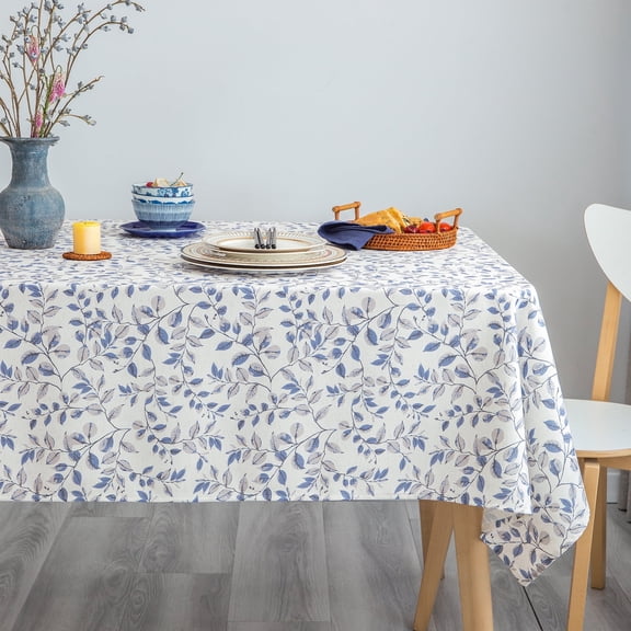 GLORY SEASON Rustic Tablecloth Classic Plant Leaf Printed Linen Fabric Rectangle/Oblong Table Cover Farmhouse Decoration 52x70In