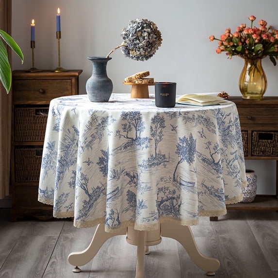 GLORY SEASON Rustic Tablecloth French Village Linen Fabric Table Cover Decoration for Kitchen Dining 60in Round Blue