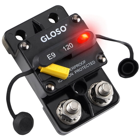 GLOSO E9CL Hi-Amp Thermal Circuit Breaker w/ LED indicator, Surface Mount, Manual Reset (T3), 5/16" Side-by-side Studs, 120 Amps