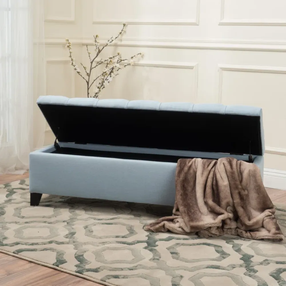 HomeWorthy Faux Leather Storage Ottoman – 42 Inch, Linen Finish