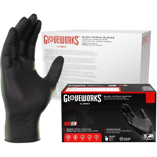 GLOVEWORKS Black Disposable Nitrile Industrial Gloves, 5 Mil, Latex & PowderFree, FoodSafe