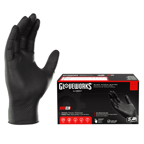 GLOVEWORKS Black Nitrile Gloves for Auto, Detailing, Mechanics, M, 100 Count