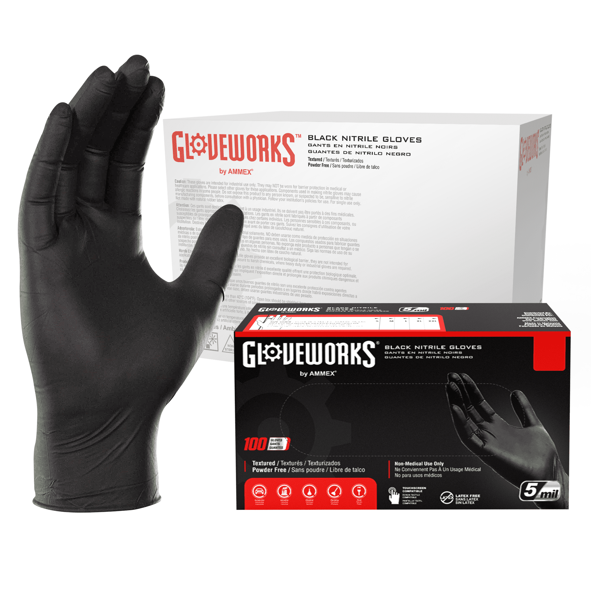 GLOVEWORKS Black Nitrile Industrial Disposable Gloves 5 Mil Large 1000