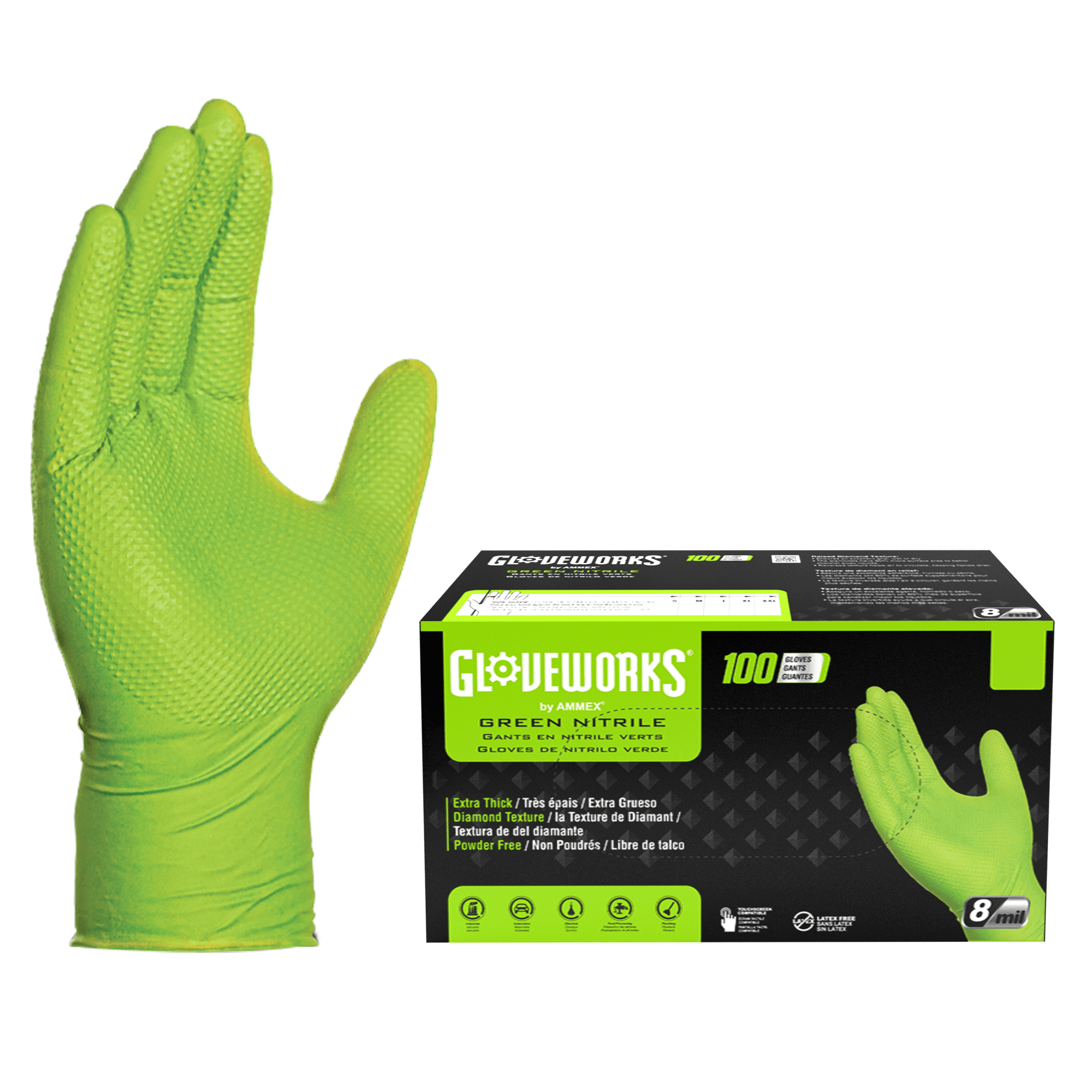 GLOVEWORKS Heavy Duty Green Gloves for Mechanics & Auto, Nitrile, 8mil, M, 100