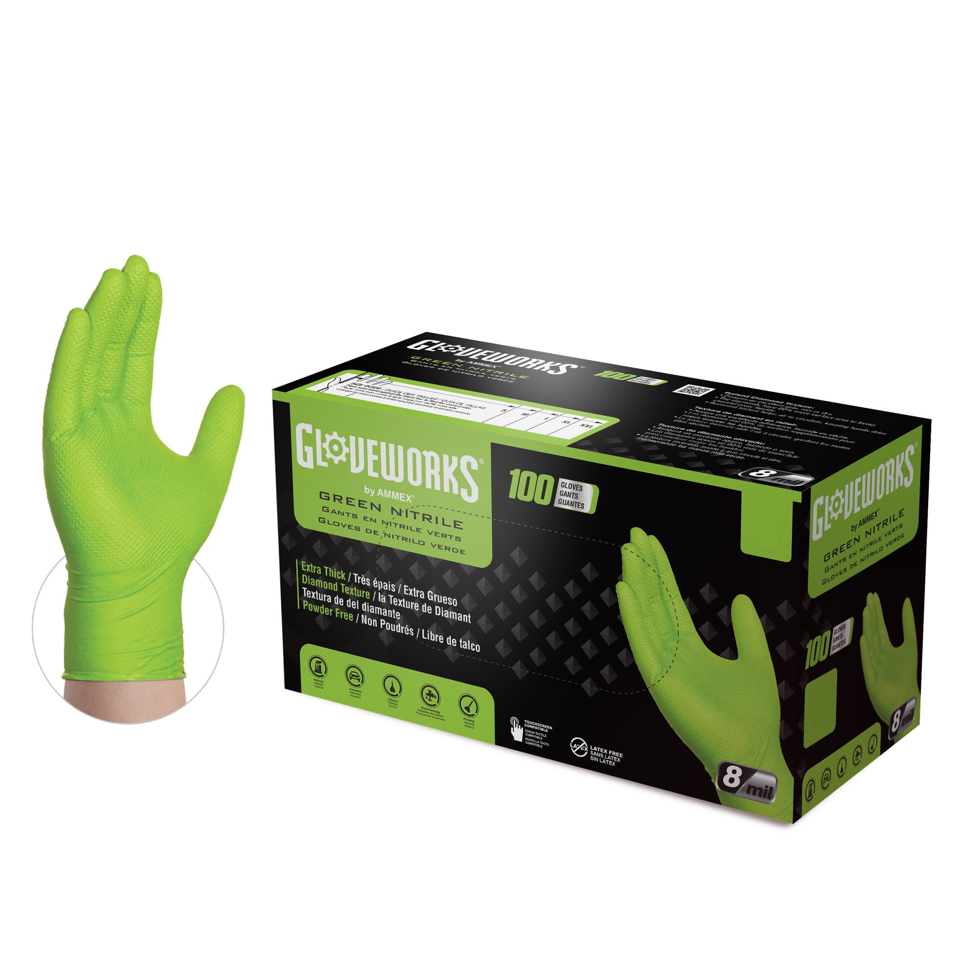 Adenna Catch ProWorks Pyramid Grip Neon Green Nitrile Disposable Gloves Powder Free, 8.5 Mil - LxBox (100)