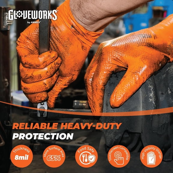 GLOVEWORKS HD Orange Nitrile Disposable Gloves 8 Mil Raised Diamond Texture, 100