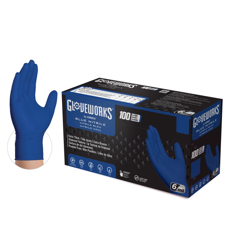 GLOVEWORKS HD Royal Blue Nitrile Industrial Disposable Gloves, 6 Mil,  Latex-Free, Raised Diamond Texture, Large, Box of 100