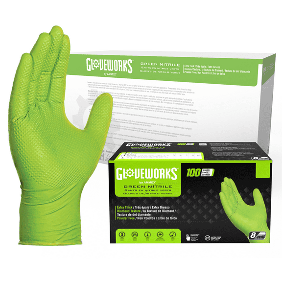 GLOVEWORKS Heavy Duty Green Gloves for Mechanics, Auto, Nitrile, M, 1000 Count