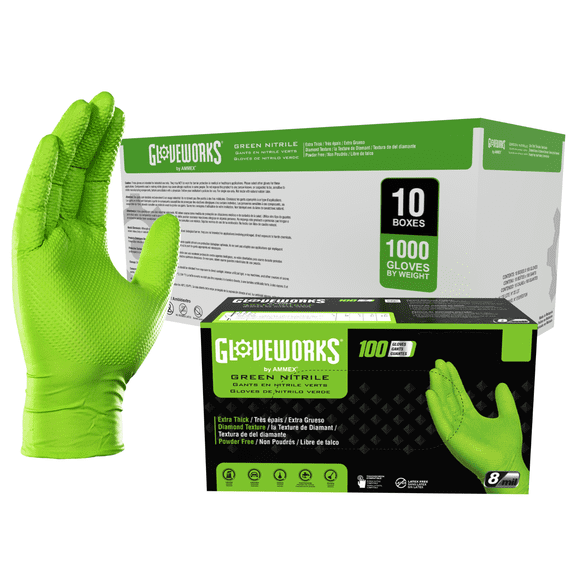 GLOVEWORKS Heavy Duty Green Gloves for Mechanics, Auto, Nitrile, XL, 1000 Count