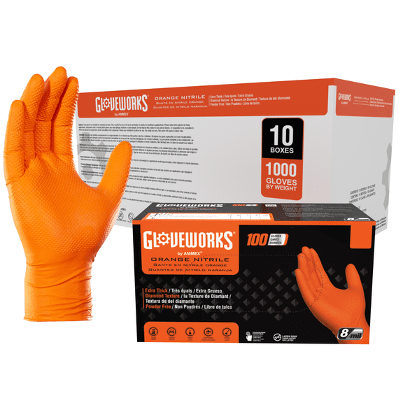 GLOVEWORKS Heavy Duty Orange Gloves for Mechanics, Auto, Nitrile, L, 1000 Count