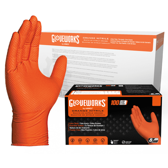 GLOVEWORKS Heavy Duty Orange Gloves for Mechanics, Auto, Nitrile, S, 1000 Count
