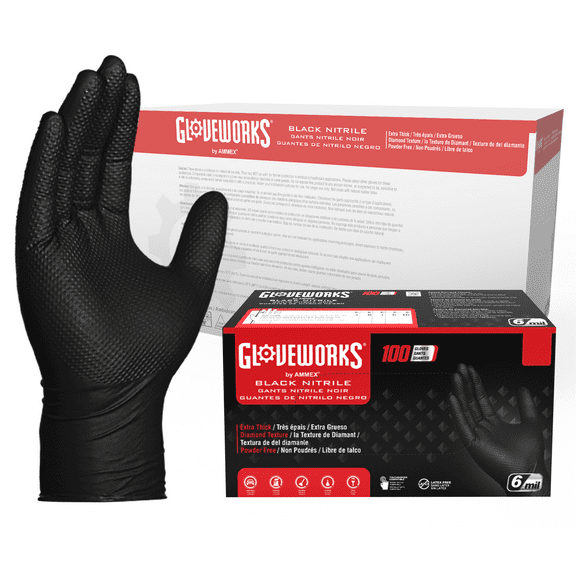 GLOVEWORKS Medium Duty Black Nitrile Gloves for Auto, Mechanics, XL, 1000 Count