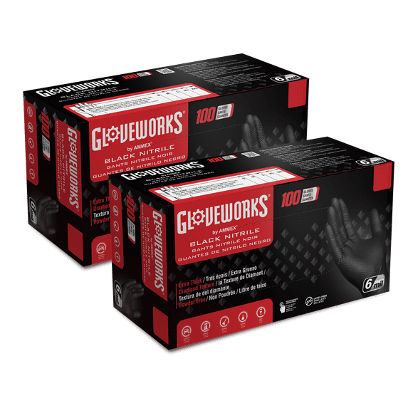 GLOVEWORKS Medium Duty Black Nitrile Gloves for Auto, Mechanics, XXL, 200 Count