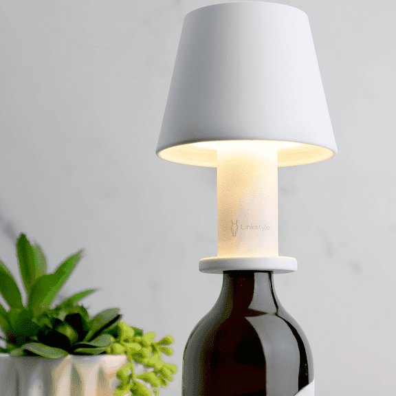 GLOVI Wine Bottle Lamp with Luxurious Metal Shade — Premium Decorative Rechargeable LED Wireless Bottle Light, Dimmable Lights, Waterproof for Indoor and Outdoor Dining (White) By LINKSTYLE