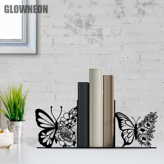 GLOWNEON Butterfly Metal Bookend Art, Decorative Book Ends for Shelf or Office Desk Decor