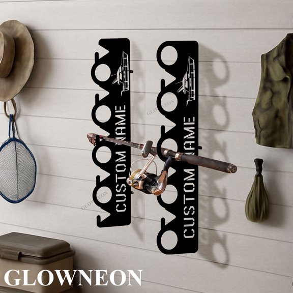 GLOWNEON Custom Boat House Metal Fishing Rod Wall Mount, Garage Storage Rack, Gifts for Anglers
