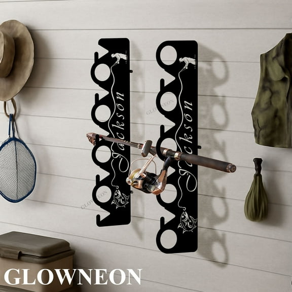 GLOWNEON Custom Fisherman Rod Holder, Wall Mount Fishing Pole Rack, Father's Day Fishing Gifts