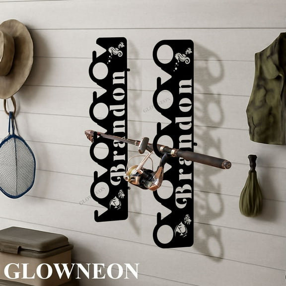 GLOWNEON Custom Ocean Fishing Pole Holders, Metal Wall Mount Rod Rack, Fishing Gifts for Men