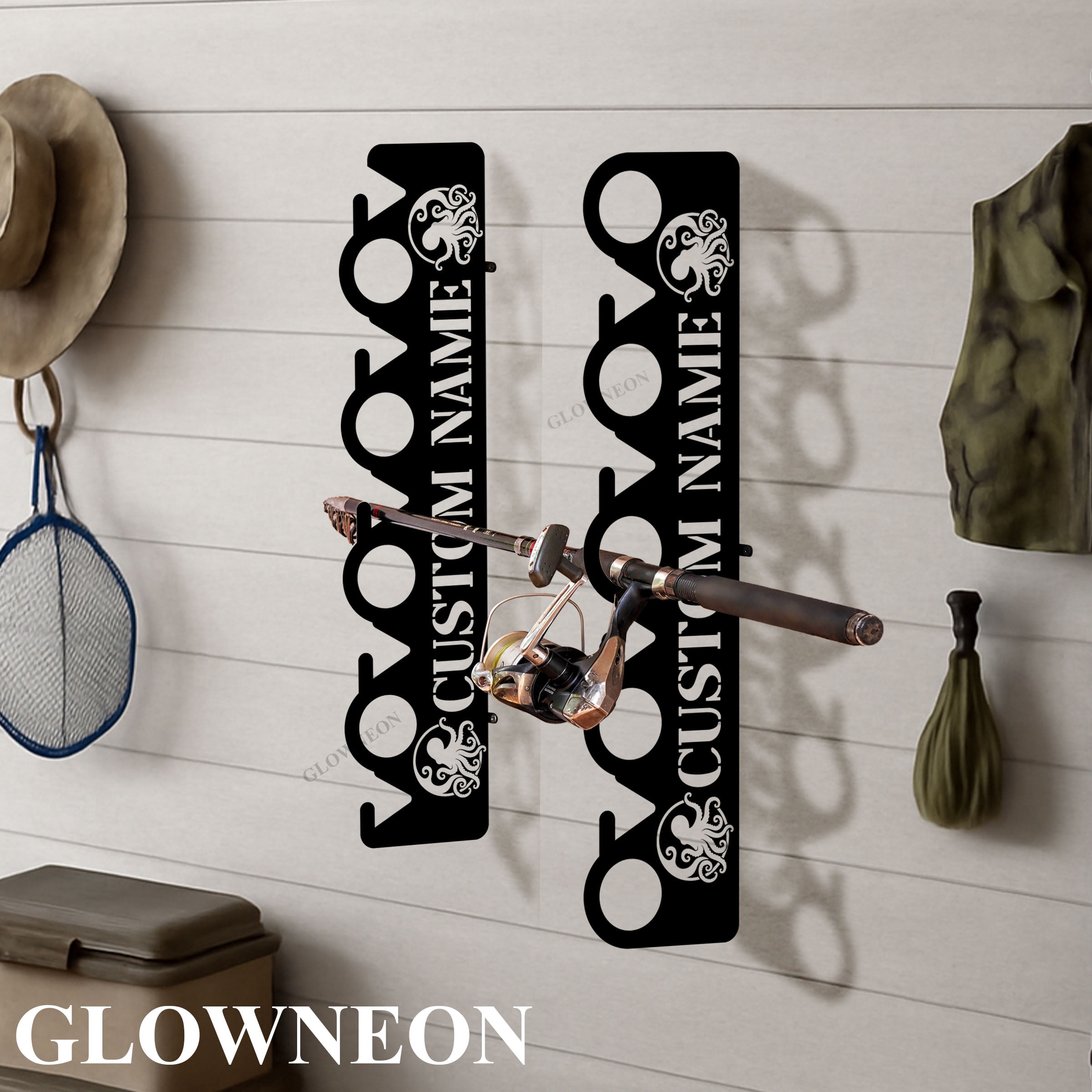 GLOWNEON Custom Octopus Metal Fishing Rod Holder, Wall Mounted Pole