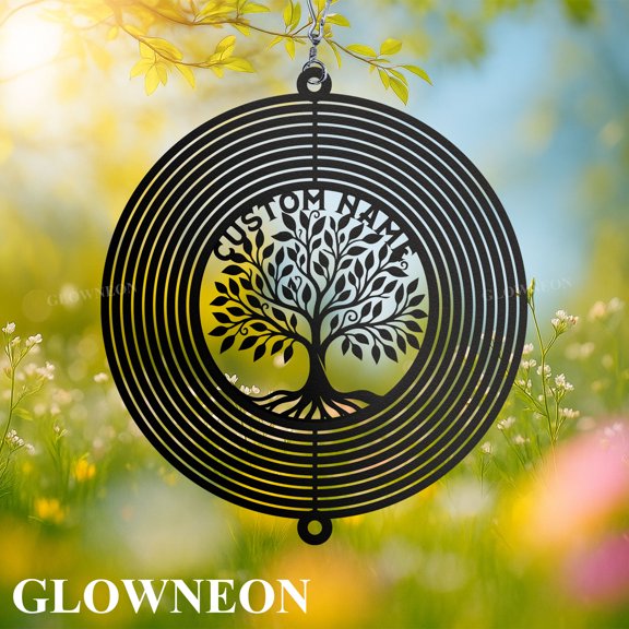 GLOWNEON Custom Spiritual Tree Metal Wind Spinner, Outdoor Hanging Garden and Yard Decor Gift